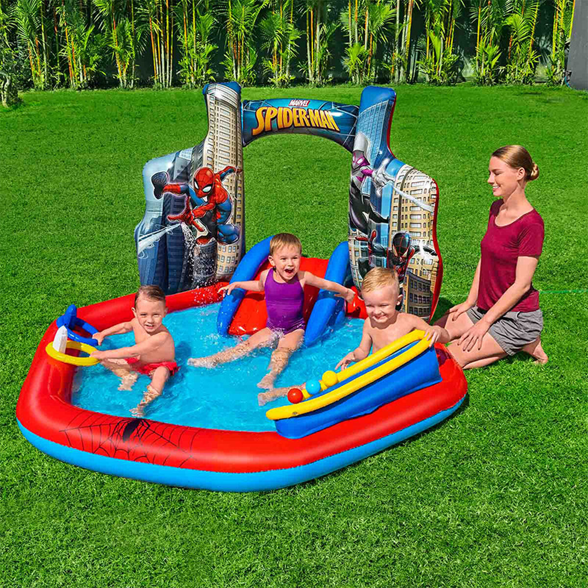 Bestway Piscina Hinchable Spiderman - estructura de juego elevada con la tematica del superheroe