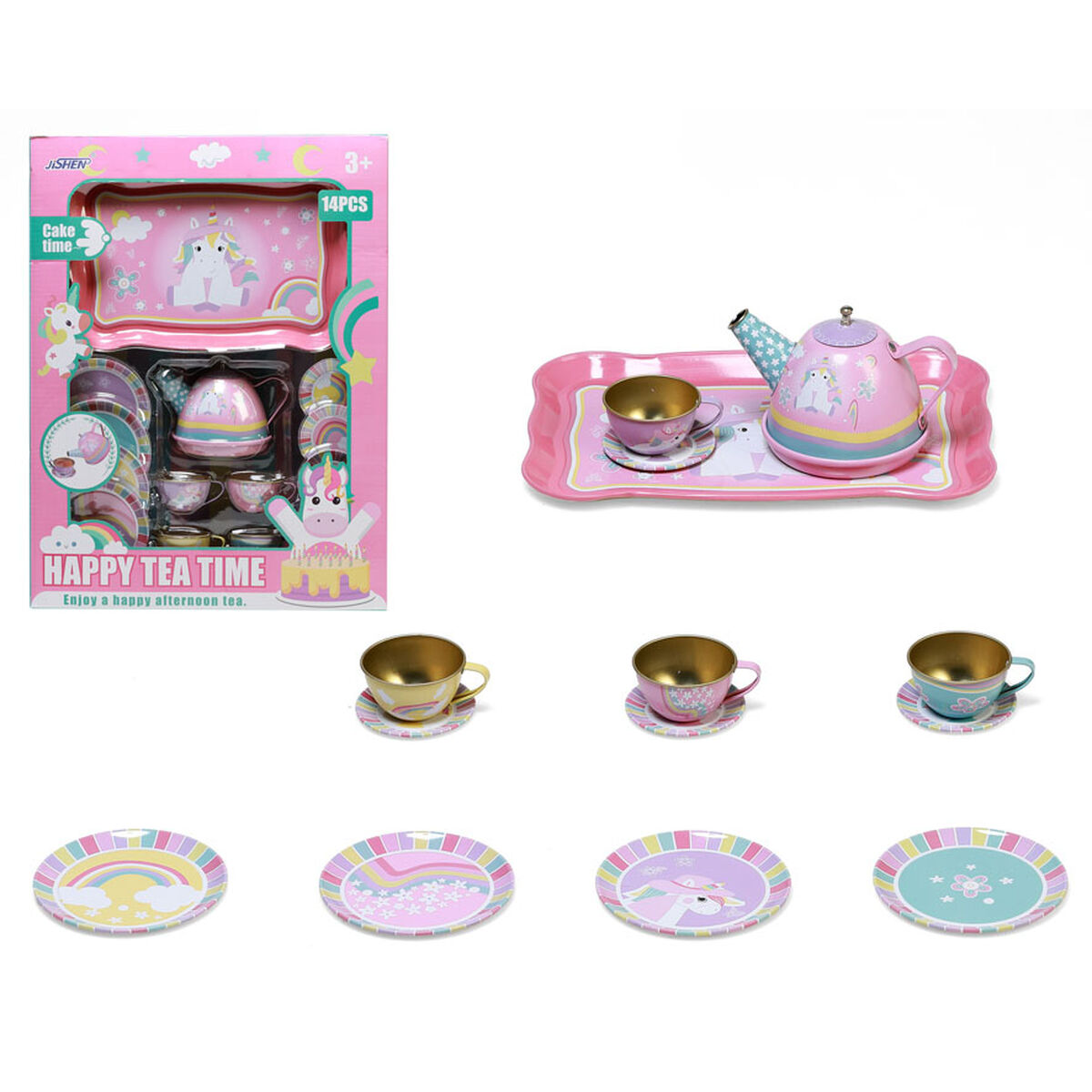 Juego de té infantil de metal de 14 piezas con tetera, bandeja, tazas y platos