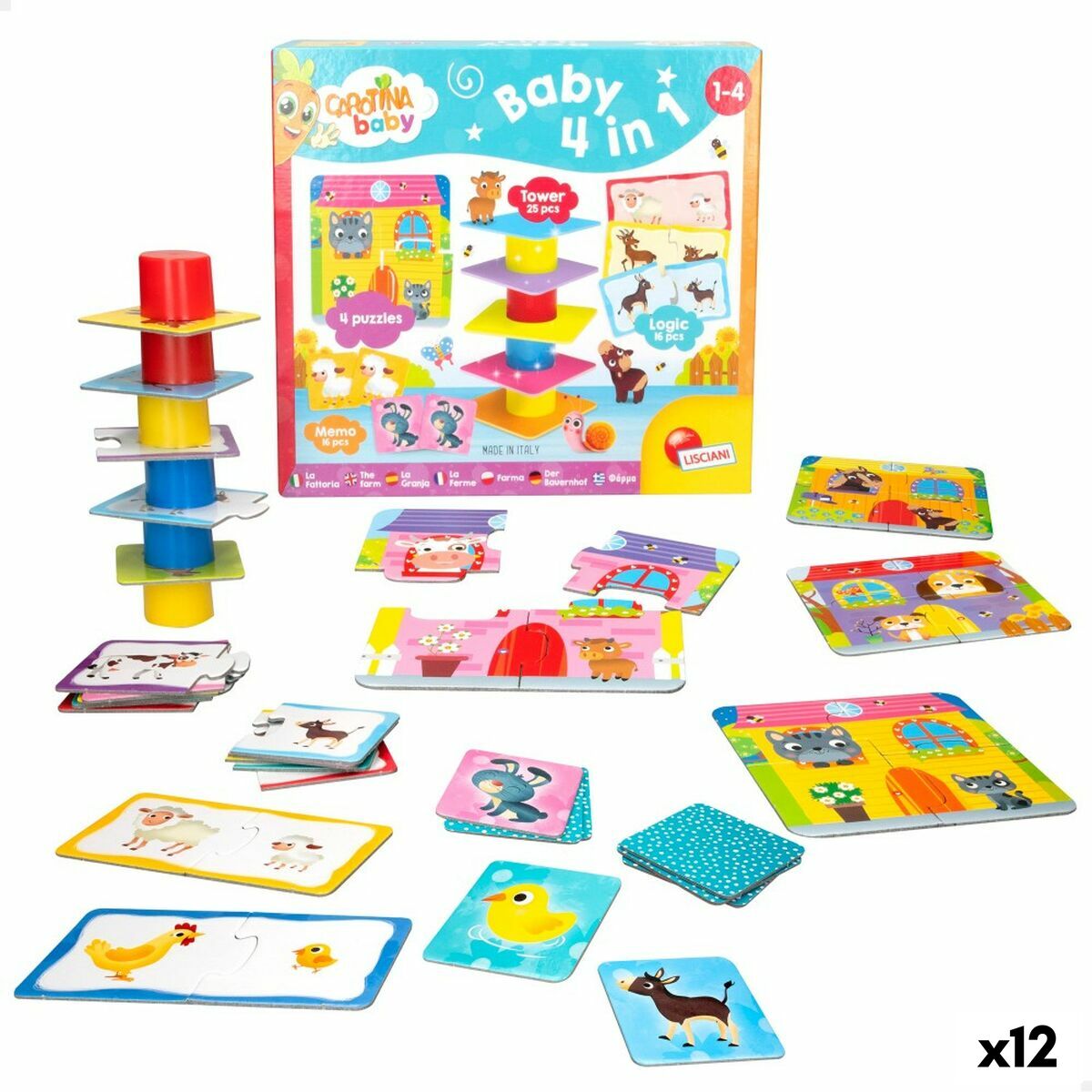 Puzzle Lisciani Giochi Carotina Baby 16 x 1 x 16,5 cm Granja 4 en 1 (12 Unidades)